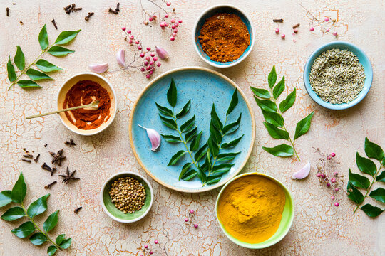 Culinary spices and herbs with curry leaves