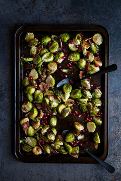 Roasted brussel sprouts with bacon and pomegranate