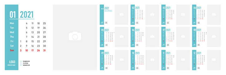 Desktop Monthly Photo Calendar 2021. Corporate and business calendar. Simple monthly table photo calendar Layout for 2021 in English. Monday week start.