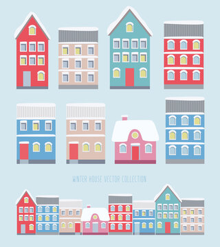 Urban Europe winter landscape. Snowy street. Christmas card Happy Holidays banner. Vector illustration flat house design