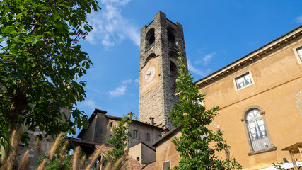 Bergamo, Italy. The old town. Landscape at the clock tower called Il Campanone. It is located in...