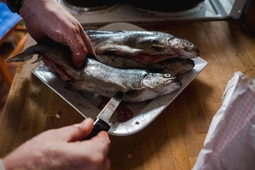 stock photo of man cutting into fish
