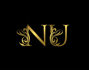 Gold N, U and NU Luxury Letter Logo Icon. Graceful royal style. Luxury alphabet arts logo.