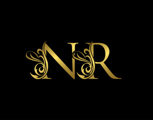 Gold N, R and NR Luxury Letter Logo Icon. Graceful royal style. Luxury alphabet arts logo.