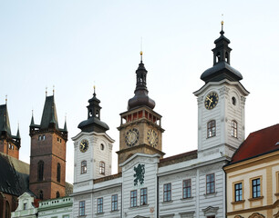 Obraz premium Cathedral of Holy Spirit, old town hall and White tower at Large square (Velke namesti) in Hradec Kralove. Czech Republic