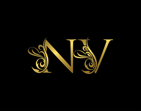 Gold N, V and NV Luxury Letter Logo Icon. Graceful royal style. Luxury alphabet arts logo.