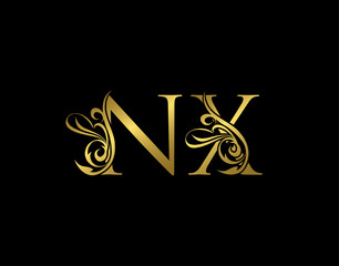 Gold N, X and NX Luxury Letter Logo Icon. Graceful royal style. Luxury alphabet arts logo.