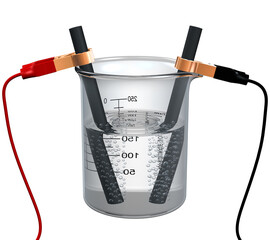Electrolysis of water in a beaker showing gas bubbles liberated from graphite electrodes, isolated on white background. 3D illustration.