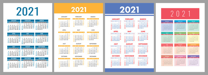 Calendar 2021 year set. Vector pocket or wall square calender design template collection. January, February, March, April, May, June, July, August, September, October, November, December