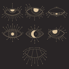 Magic eyes set. Collection of open and closed eyes in outline style isolate on black background. Vector illustration for tattoo, icons, logotypes, clipart, print. Occult linear symbols