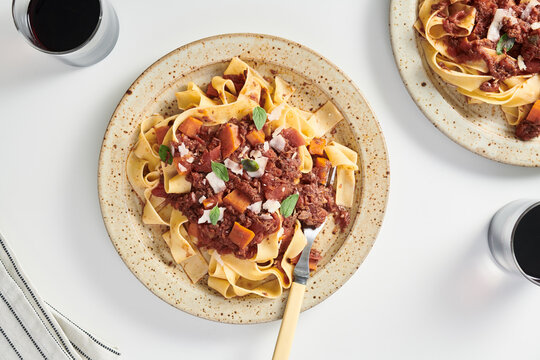 Beef Ragu Pappardelle Pasta on White Table