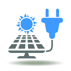 Solar power panel with electric plug and sun icon vector. Eco green energy alternative source sign.