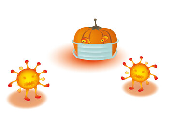 Ein Kürbisgeist mit Maske und bösartige orange Viren auf weißem Hintergrund.