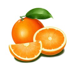 Three juicy ripe oranges. One whole fruit with a leaf, a half an orange and a slice with shadow isolated on white background. Hand drawn digital art. Food illustration. Good for logo, icon, wallpaper.