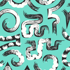 vector multi white rough freeform brush stroke and black lines overlapped seamless pattern on green mint