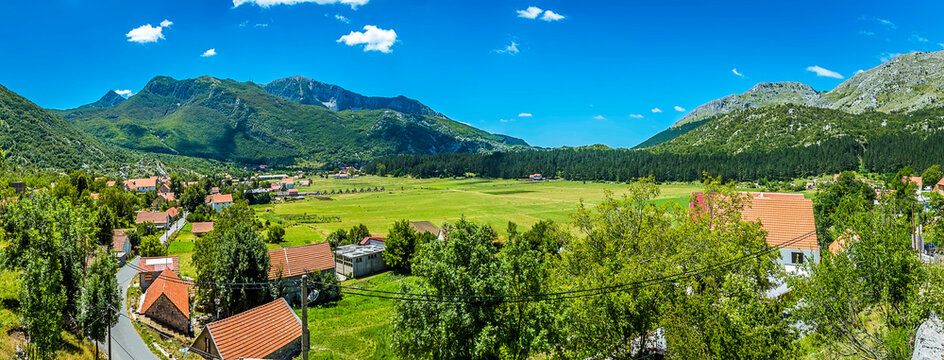 Panoramic view of the mountain town of Njegusi, Montenegro which is famous for local smoked ham, cheese and wine and distilled spirits and the birth place of Petar Njegos