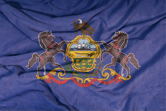 Flag of the American state flies in the wind. Colored background on fabric