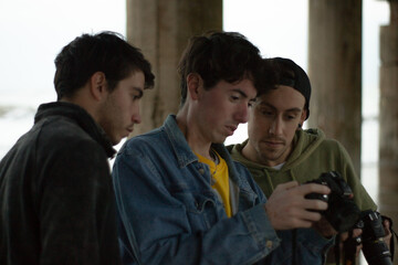 three friends looking at a camera, social media concept, friends advertising, friends campaign travel friendship love
