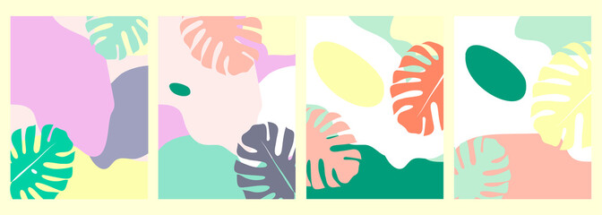 Fun set of posters with colorful organic shapes and monstera leaves vector art.
