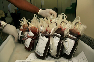 salvador, bahia / brazil - february 10, 2009: Donated blood bag in blood center in Eunapolis city....