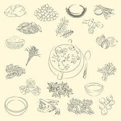 Porridge Illustration Used Ingredients For Cooking Some Food, Sketch & Vector Style. Indonesian cuisine, recipe book, and food element concept.