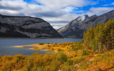 Fall foliage early autumn time by Spray lakes in Alberta, Canada
