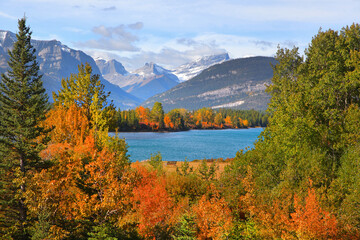 Relaxing benches by bow river in rural Alberta
