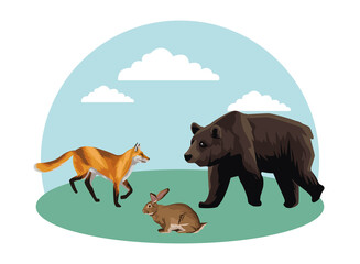 wild bear with rabbit and fox in the field
