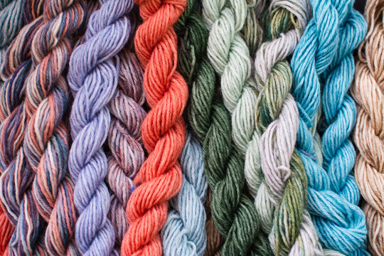 Close up of colourful hand dyed yarns