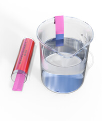 Red litmus paper dipped into an alkali in a beaker, isolated on white. 3D illustration.