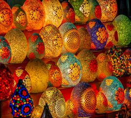 Egyptian mosaic egg shaped lamps.Arabian egg-shaped unique lamps in stock souvenir shop.