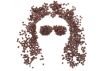 Face made of coffee beans over white background