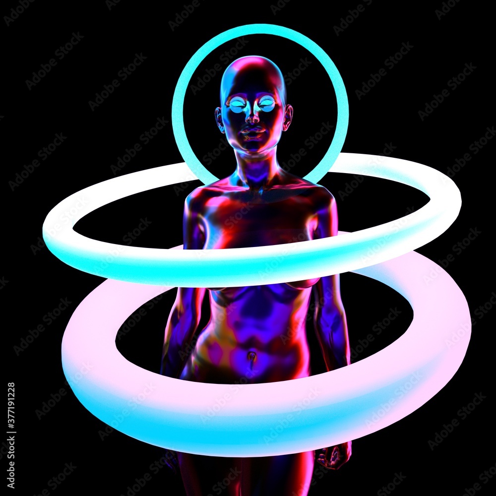 Poster artificial goddess with neon nimbus in fluorescent ultraviolet light. 3d rendering illustration in c
