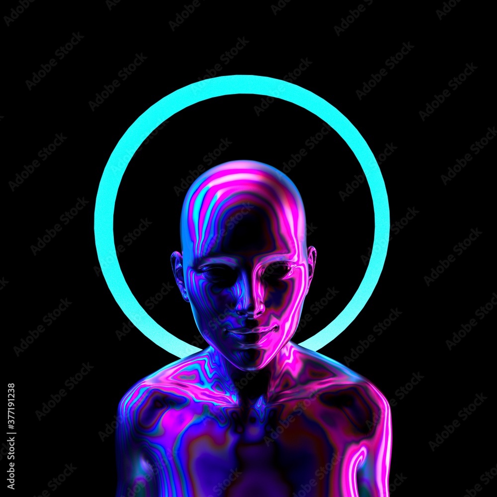 Poster Artificial Goddess with neon nimbus in fluorescent ultraviolet light. 3d rendering illustration in cyberpunk and synthwave style.
