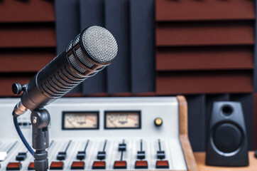Professional microphone and sound mixer in radio station studio