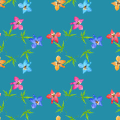 Delphinium, larkspur. Illustration, texture of flowers. Seamless pattern for continuous replication. Floral background, photo collage for textile, cotton fabric. For use in wallpaper, covers.