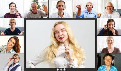 Headshot screen application view of diverse multiracial employees have work web conference using modern platform, smiling multiethnic colleagues talk speak online brainstorm on video call