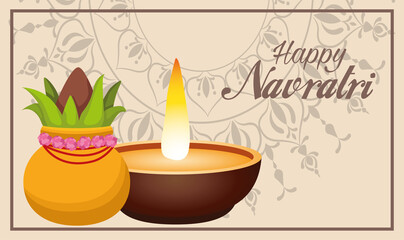 happy navratri celebration lettering with candle and plant in pot