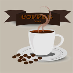 Cup of coffee with coffee bean on dish.