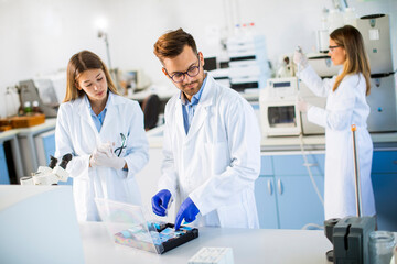 Group of young researchers analyzing chemical data in the laboratory
