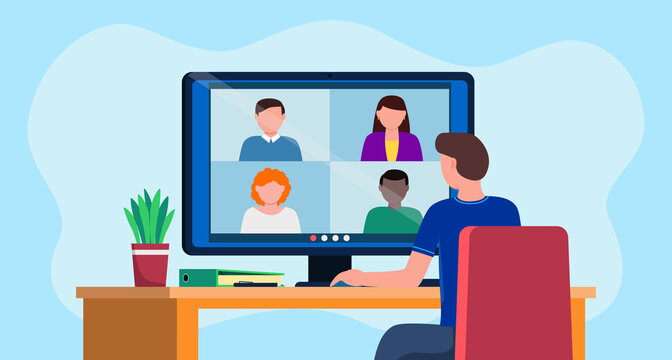 Video conference illustration. People talking by computer programm. Screen with colleagues communication. Online meeting, work from home, remote work