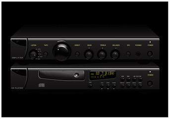 Sound shop. Quality components for quality sound. Acoustic system, amplifier, receiver, subwoofer, home theatre. Vector drawing for illustrations.