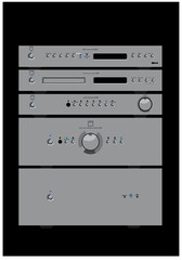 Obraz premium Sound shop. Quality components for quality sound. Acoustic system, amplifier, receiver, subwoofer, home theatre. Vector drawing for illustrations.