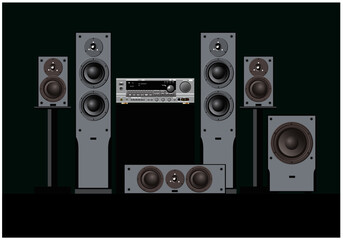 Sound shop. Quality components for quality sound. Acoustic system, amplifier, receiver, subwoofer, home theatre. Vector drawing for illustrations.