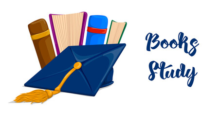 Vector illustration of textbooks and of the graduate hat in cartoon style