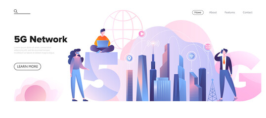 Web page template for a 5G network concept in city environment with diverse people using fast cellular connections for global telecommunication, colored vector illustration