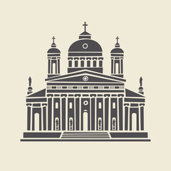 Icon or stencil of a stylized old administrative building with architectural columns, pediment and steps. Decorative vector illustration of building facade isolated on a light background