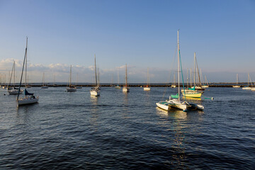 Minimalist landscape with boats in marina bay beautiful port on ocean