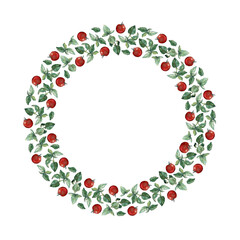 Watercolour painted wreath of red cherry tomatoes and green basil twigs and leaves, isolated on white. For cards, invitations, menu, recipe, cookbook and packaging design.