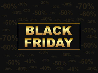 Black friday dark golden banner template. Discount up 10% to 70%, textured background.
